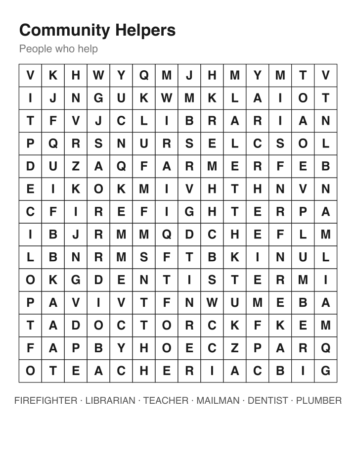 Community Helpers word search puzzle, 14 by 14 grid