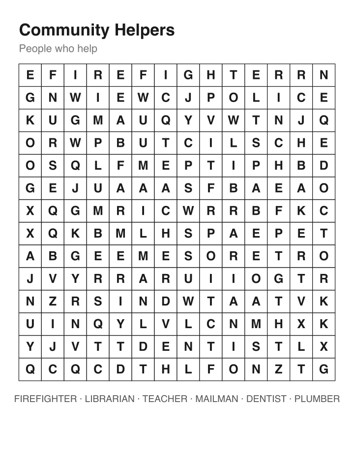 Community Helpers word search puzzle, 14 by 14 grid