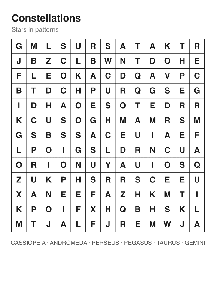 Constellations word search puzzle, 13 by 13 grid
