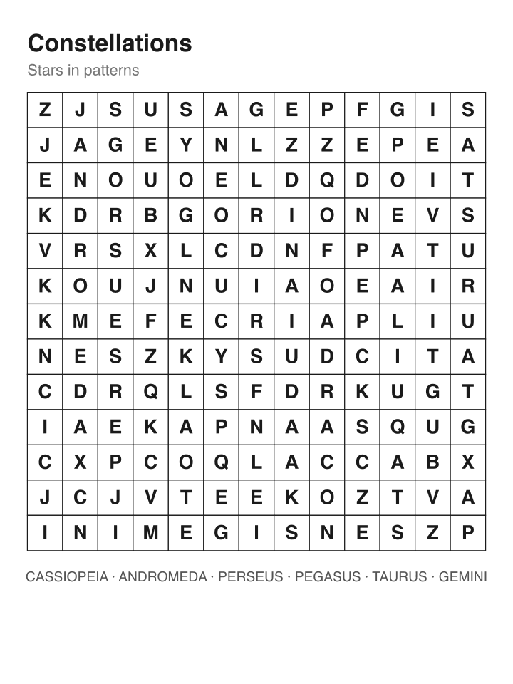 Constellations word search puzzle, 13 by 13 grid