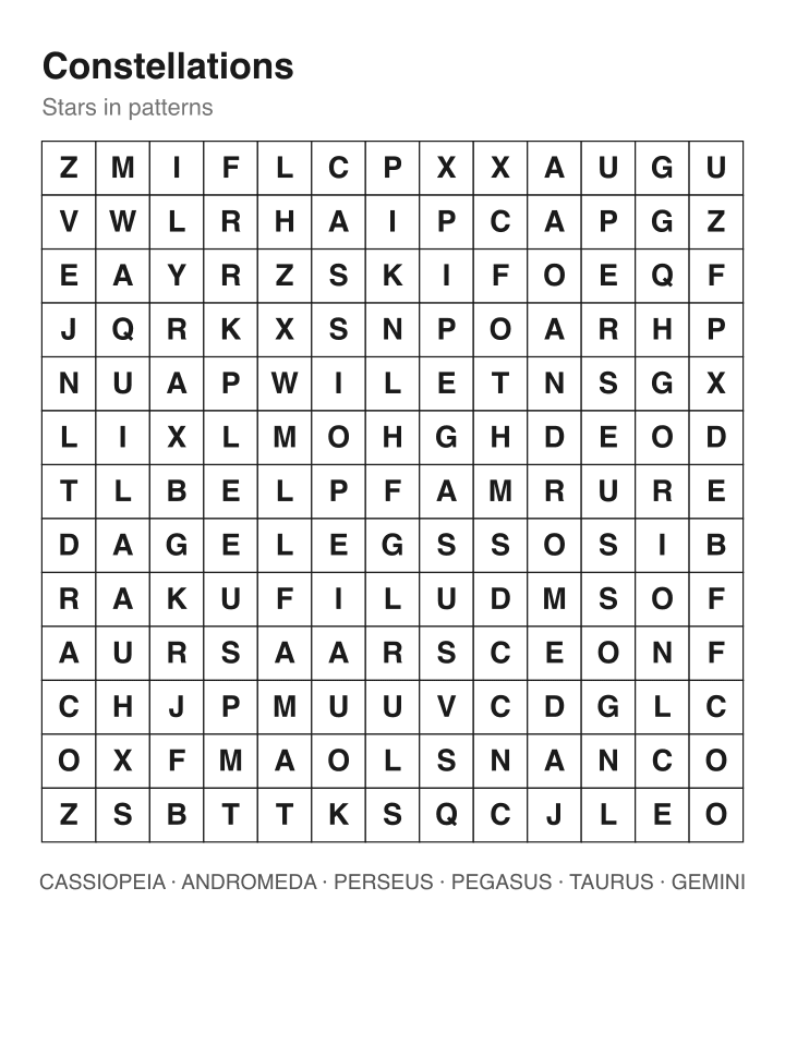 Constellations word search puzzle, 13 by 13 grid