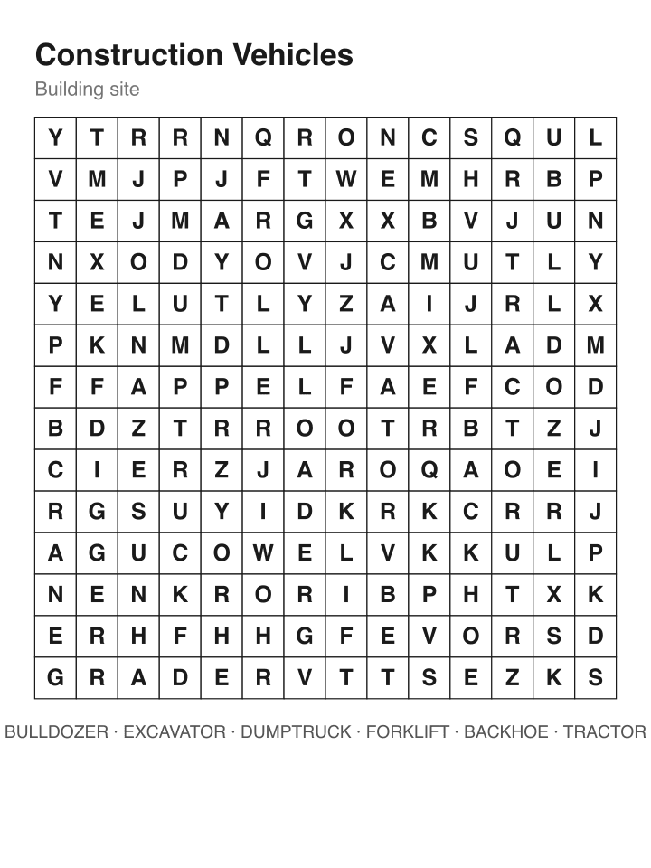 Construction Vehicles word search puzzle, 14 by 14 grid