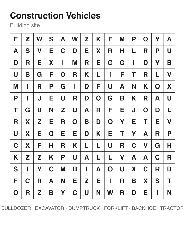Construction Vehicles word search puzzle, 14 by 14 grid