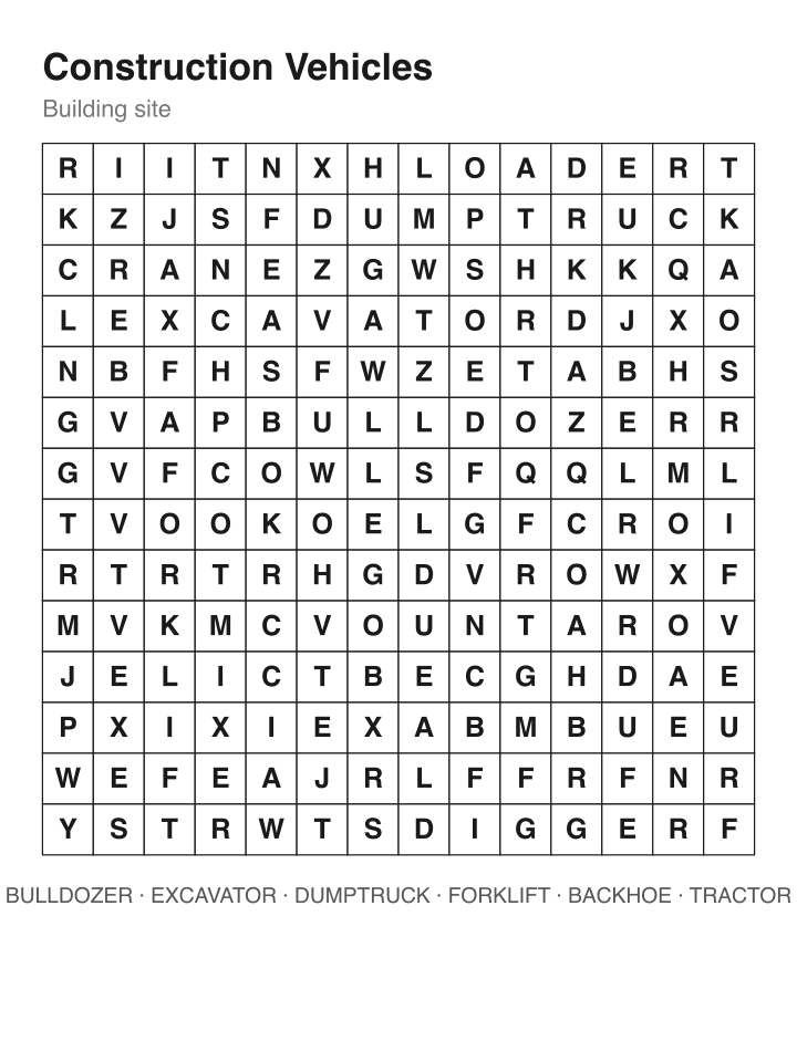 Construction Vehicles word search puzzle, 14 by 14 grid
