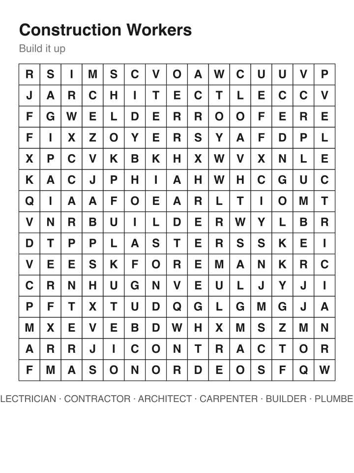 Construction Workers word search puzzle, 15 by 15 grid