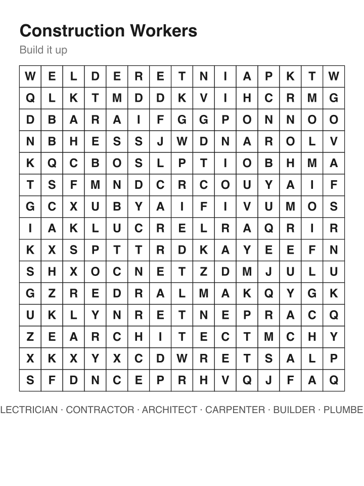 Construction Workers word search puzzle, 15 by 15 grid