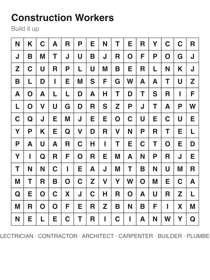 Construction Workers word search puzzle, 15 by 15 grid