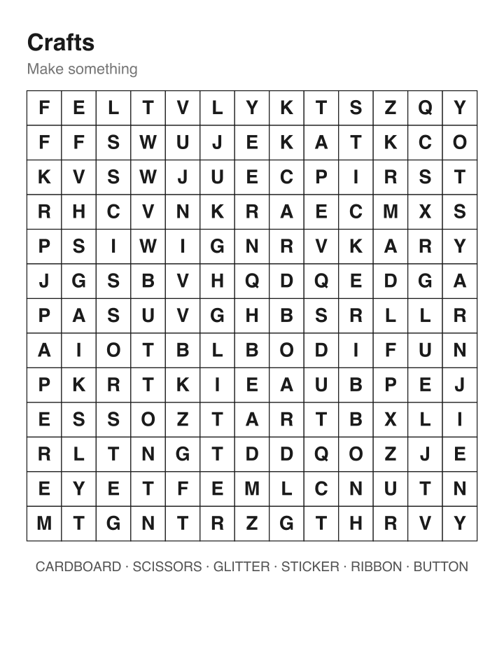Crafts word search puzzle, 13 by 13 grid