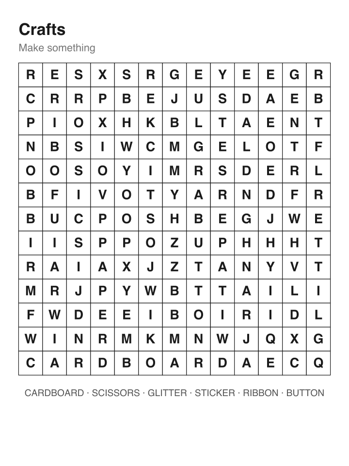 Crafts word search puzzle, 13 by 13 grid
