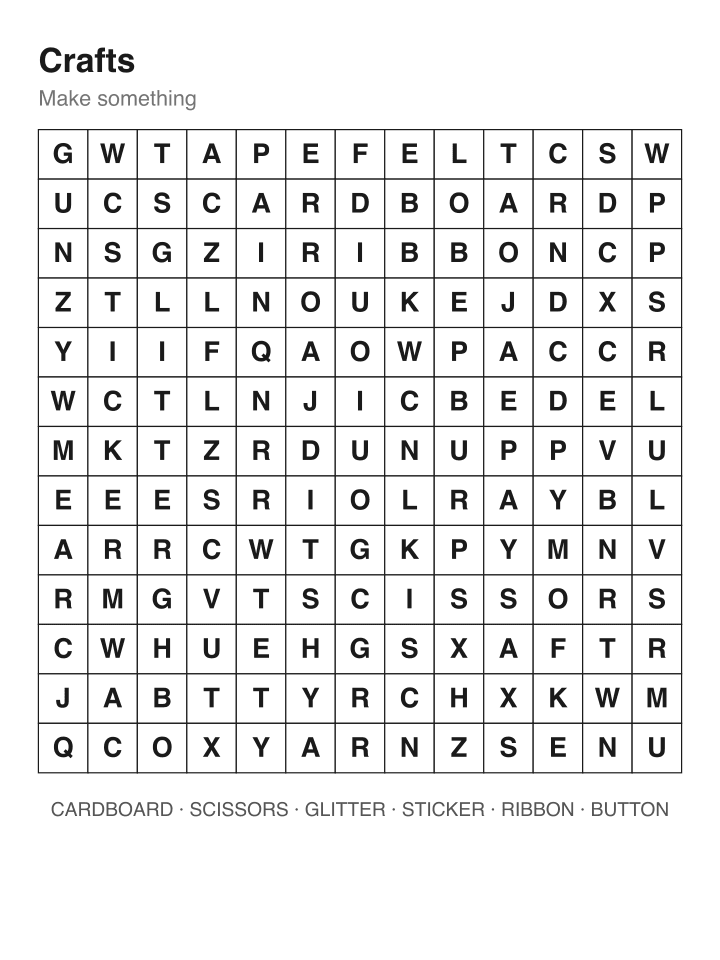 Crafts word search puzzle, 13 by 13 grid