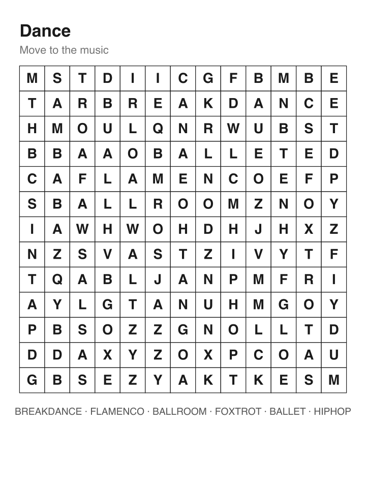 Dance word search puzzle, 13 by 13 grid