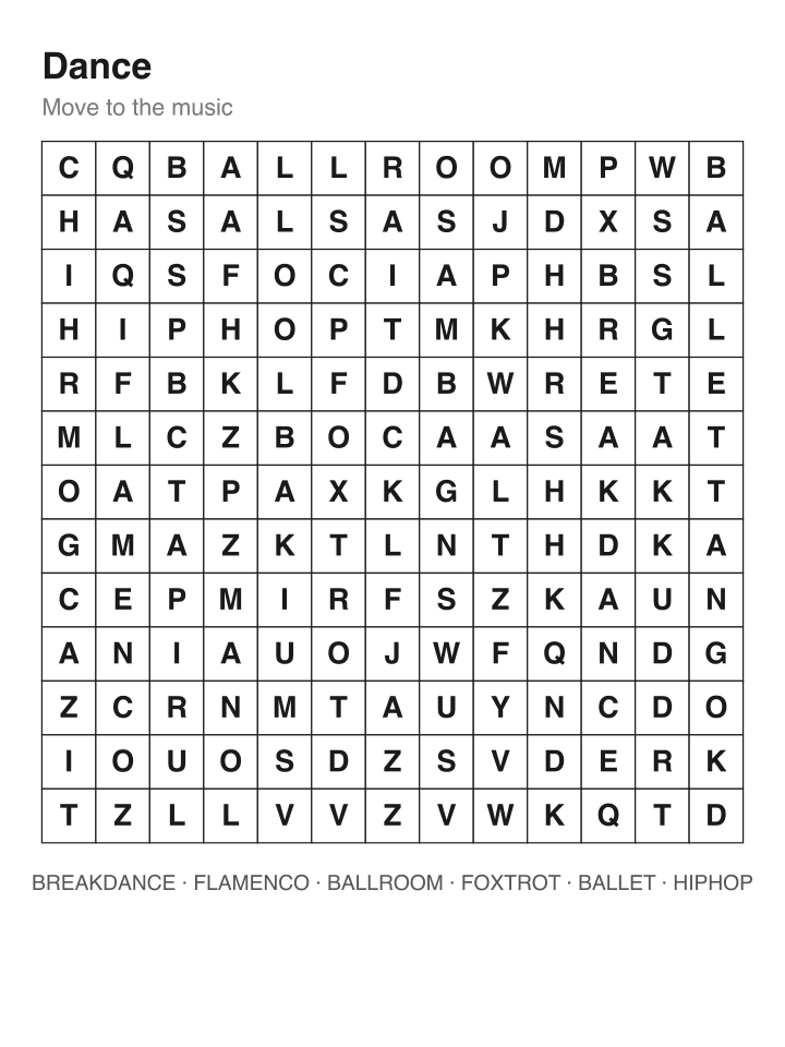 Dance word search puzzle, 13 by 13 grid