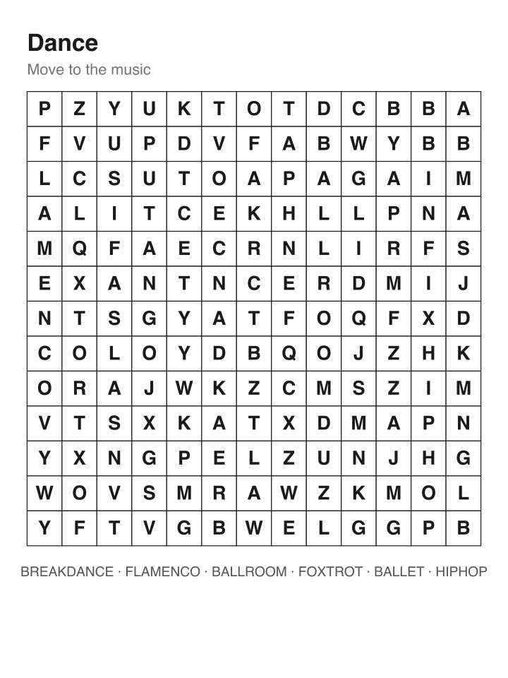 Dance word search puzzle, 13 by 13 grid