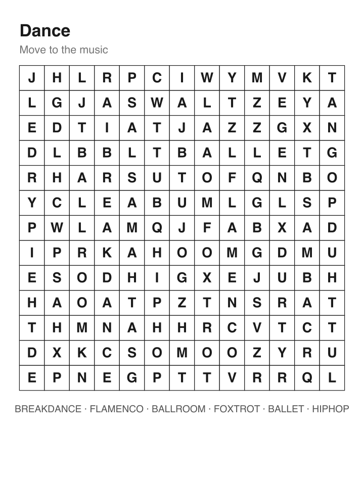 Dance word search puzzle, 13 by 13 grid