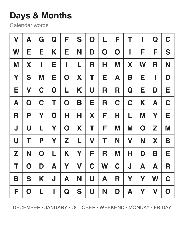 Days & Months word search puzzle, 13 by 13 grid
