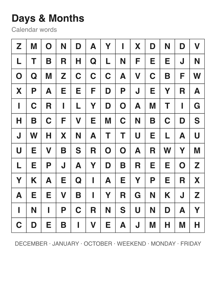 Days & Months word search puzzle, 13 by 13 grid