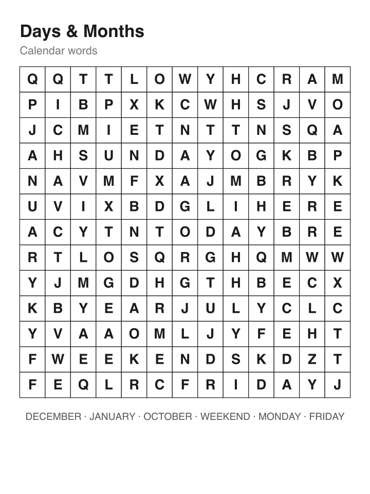 Days & Months word search puzzle, 13 by 13 grid