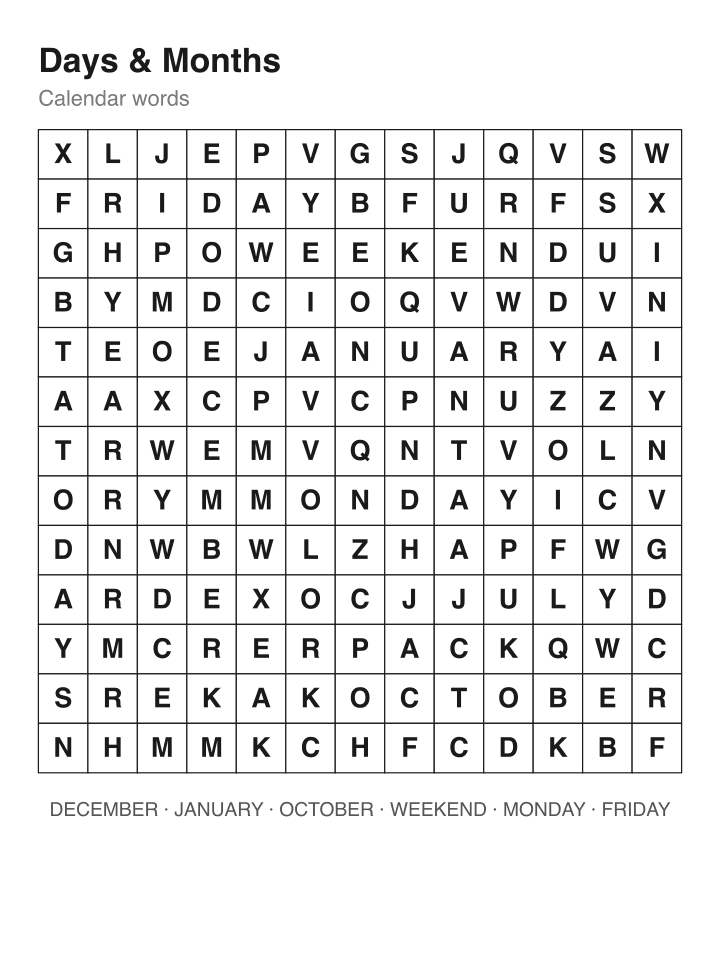 Days & Months word search puzzle, 13 by 13 grid