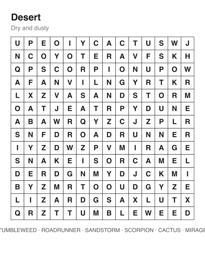 Desert word search puzzle, 14 by 14 grid