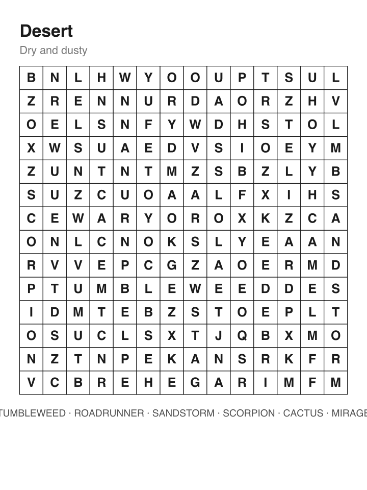 Desert word search puzzle, 14 by 14 grid