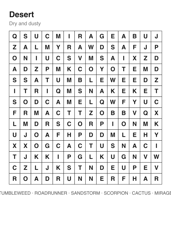 Desert word search puzzle, 14 by 14 grid