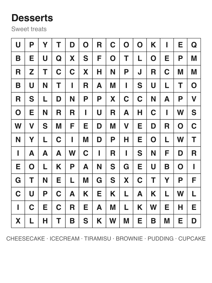 Desserts word search puzzle, 14 by 14 grid
