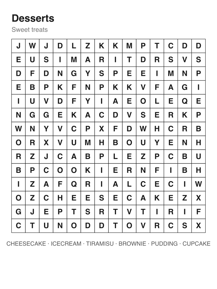 Desserts word search puzzle, 14 by 14 grid