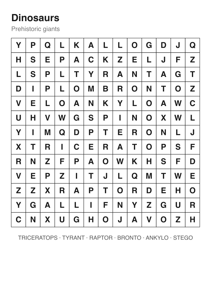 Dinosaurs word search puzzle, 13 by 13 grid