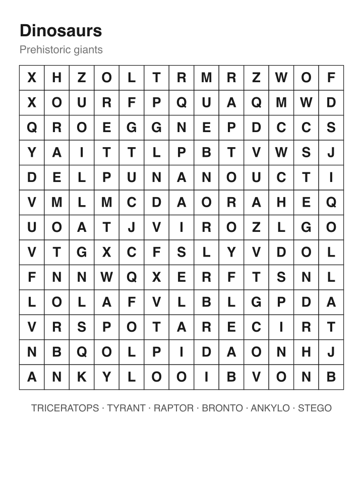 Dinosaurs word search puzzle, 13 by 13 grid