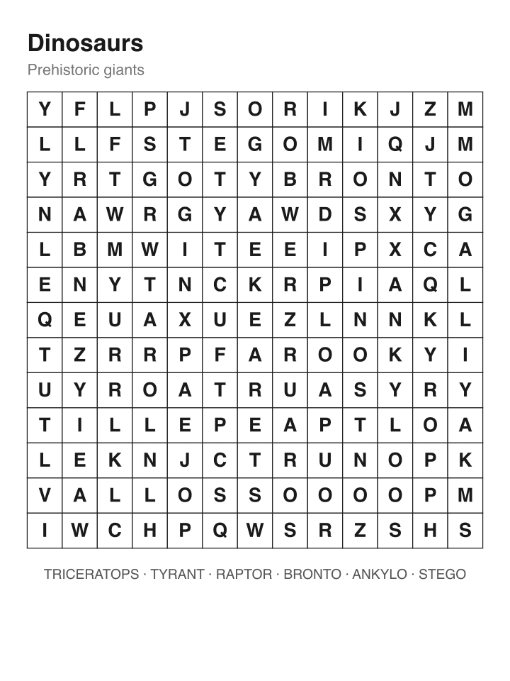 Dinosaurs word search puzzle, 13 by 13 grid