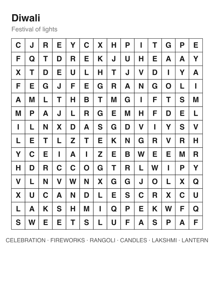 Diwali word search puzzle, 14 by 14 grid