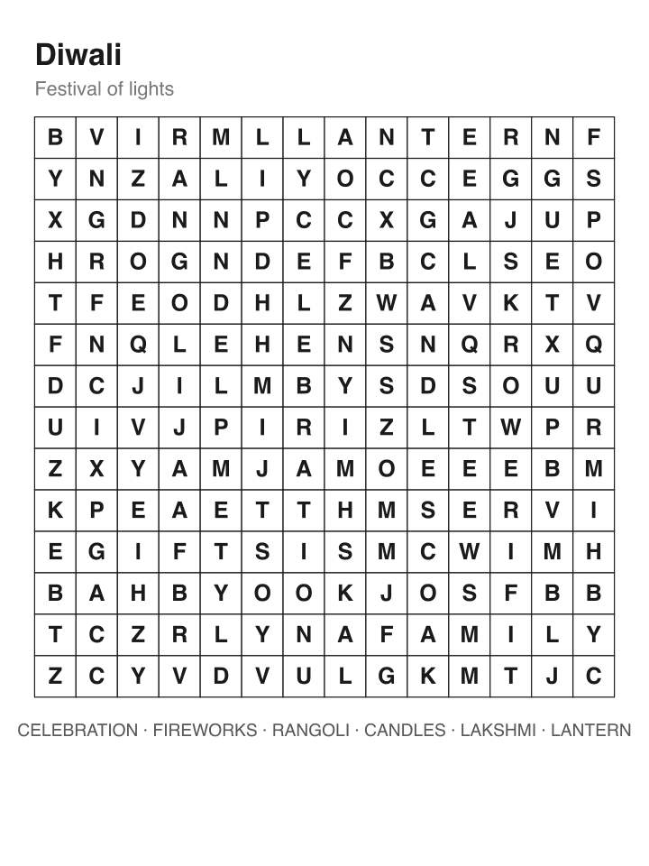 Diwali word search puzzle, 14 by 14 grid