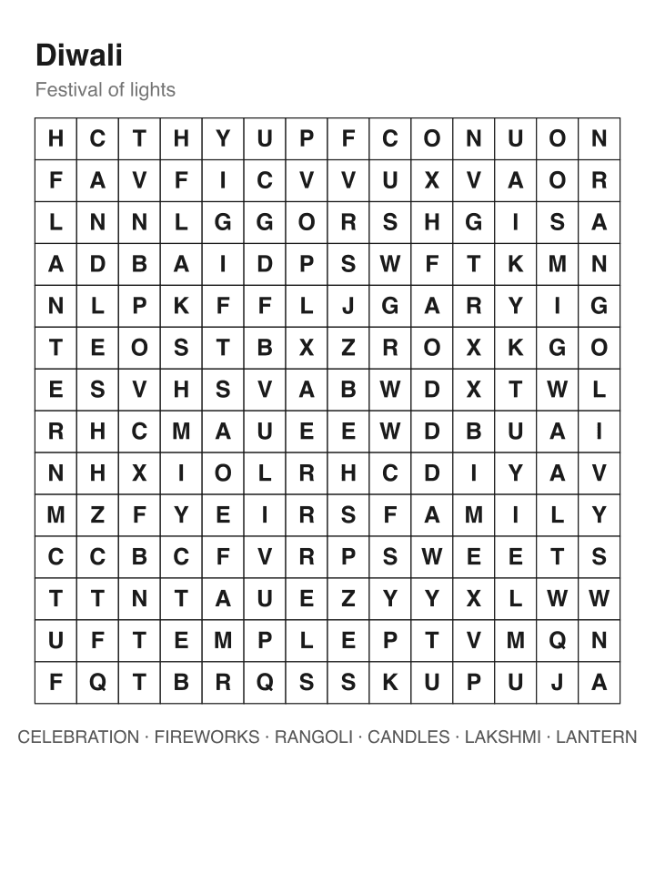 Diwali word search puzzle, 14 by 14 grid