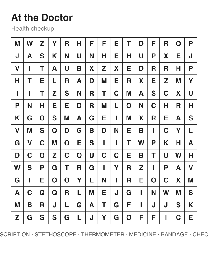 At the Doctor word search puzzle, 15 by 15 grid