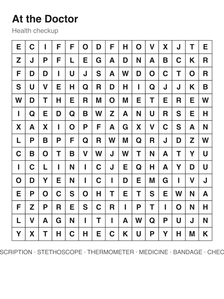 At the Doctor word search puzzle, 15 by 15 grid