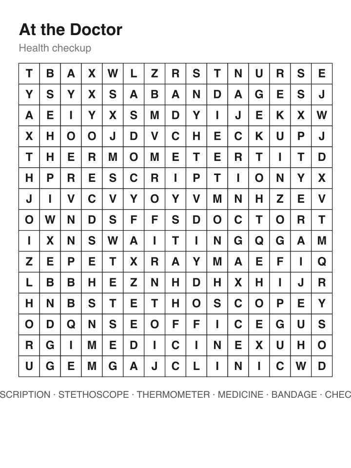 At the Doctor word search puzzle, 15 by 15 grid