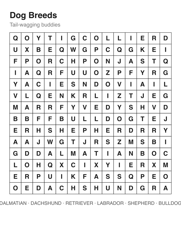 Dog Breeds word search puzzle, 14 by 14 grid