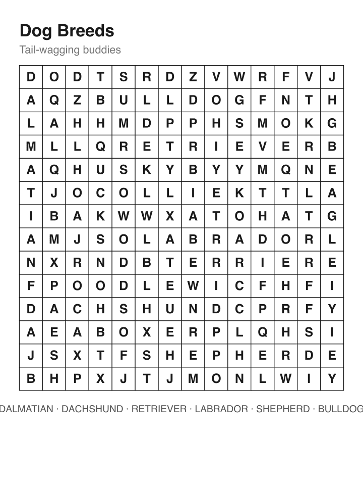 Dog Breeds word search puzzle, 14 by 14 grid