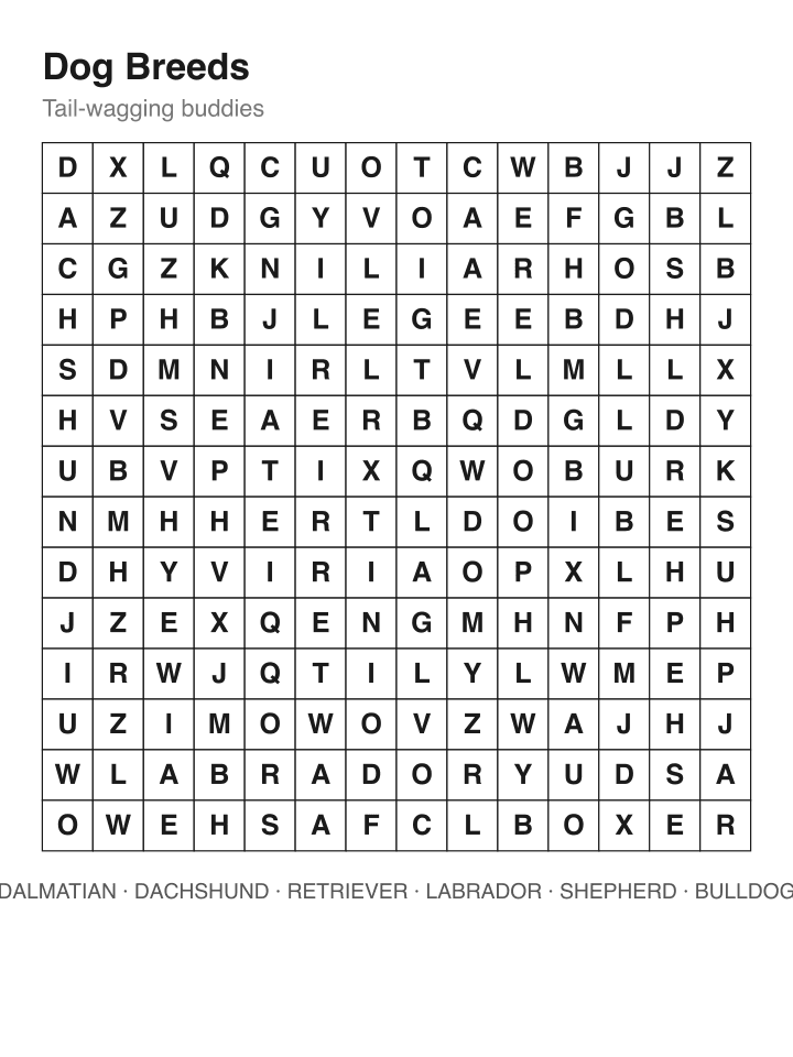 Dog Breeds word search puzzle, 14 by 14 grid