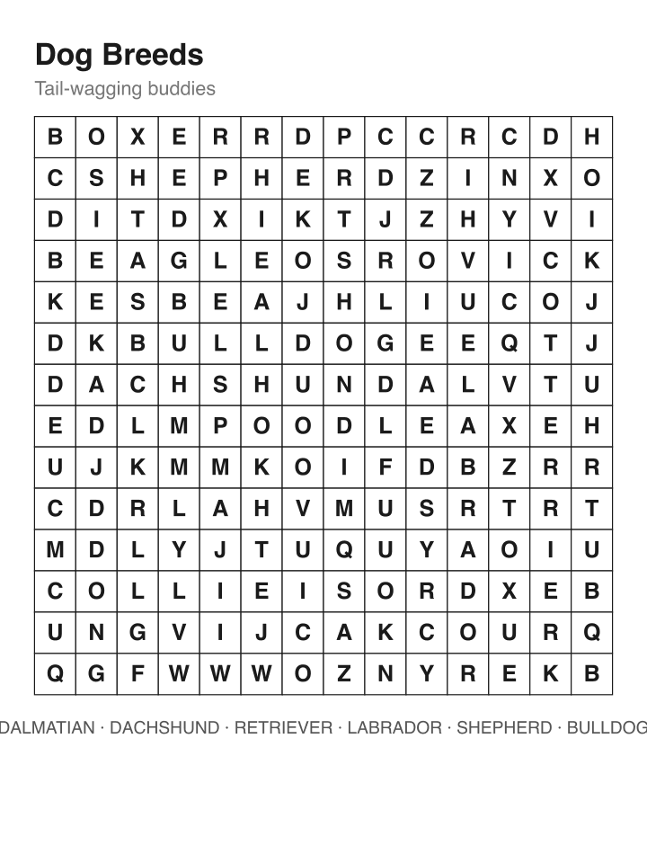 Dog Breeds word search puzzle, 14 by 14 grid