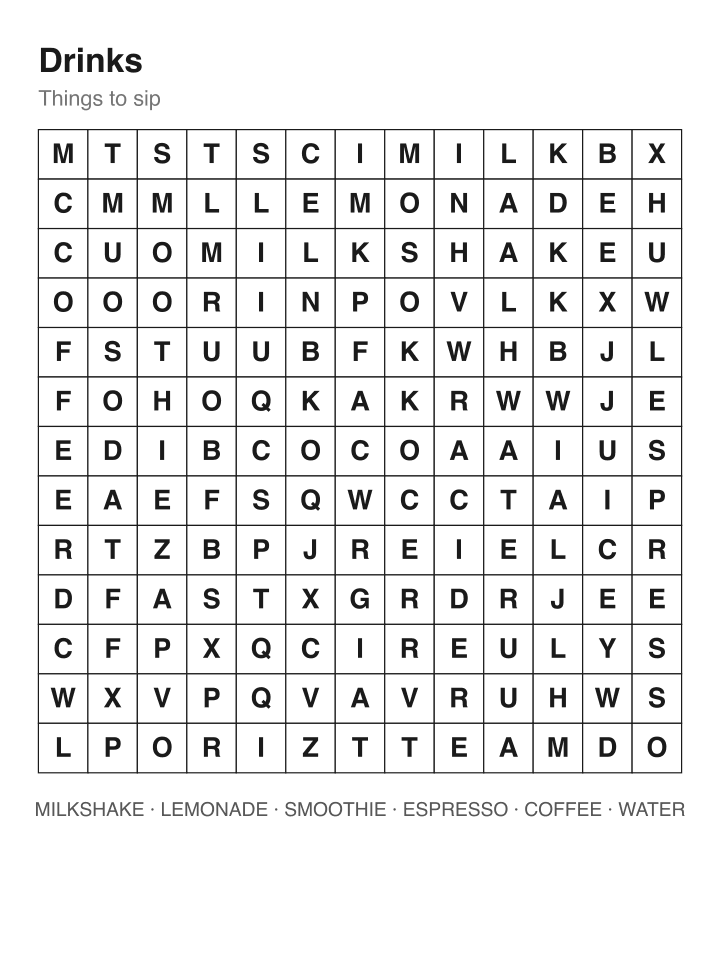 Drinks word search puzzle, 13 by 13 grid