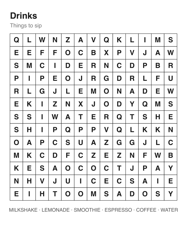 Drinks word search puzzle, 13 by 13 grid