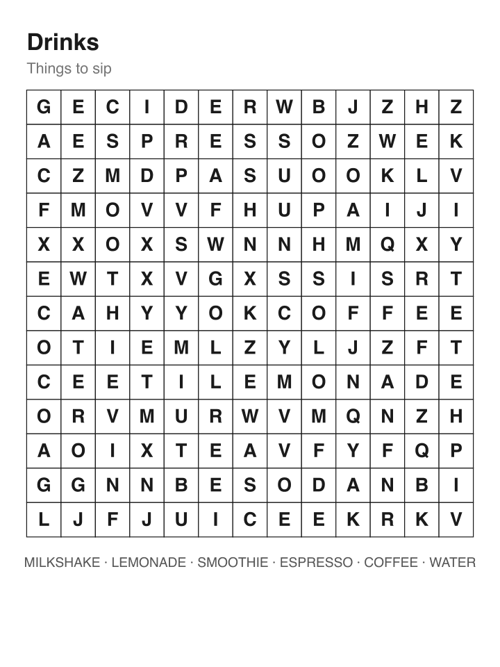 Drinks word search puzzle, 13 by 13 grid
