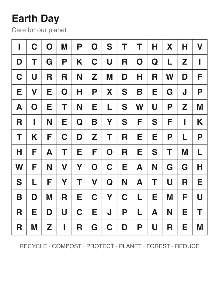 Earth Day word search puzzle, 13 by 13 grid