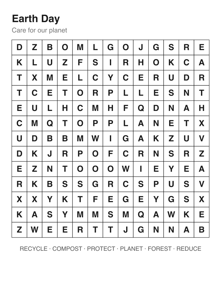 Earth Day word search puzzle, 13 by 13 grid