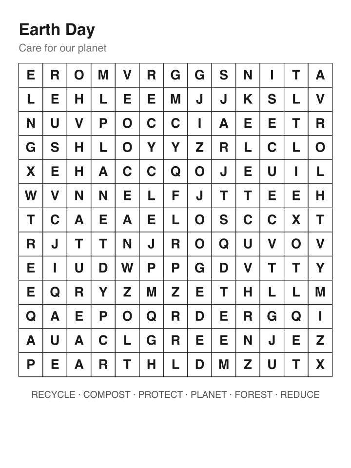 Earth Day word search puzzle, 13 by 13 grid