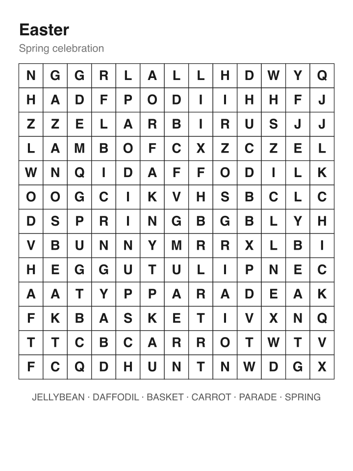 Easter word search puzzle, 13 by 13 grid