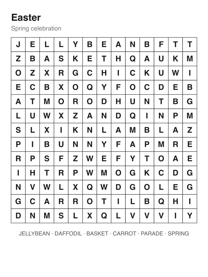 Easter word search puzzle, 13 by 13 grid