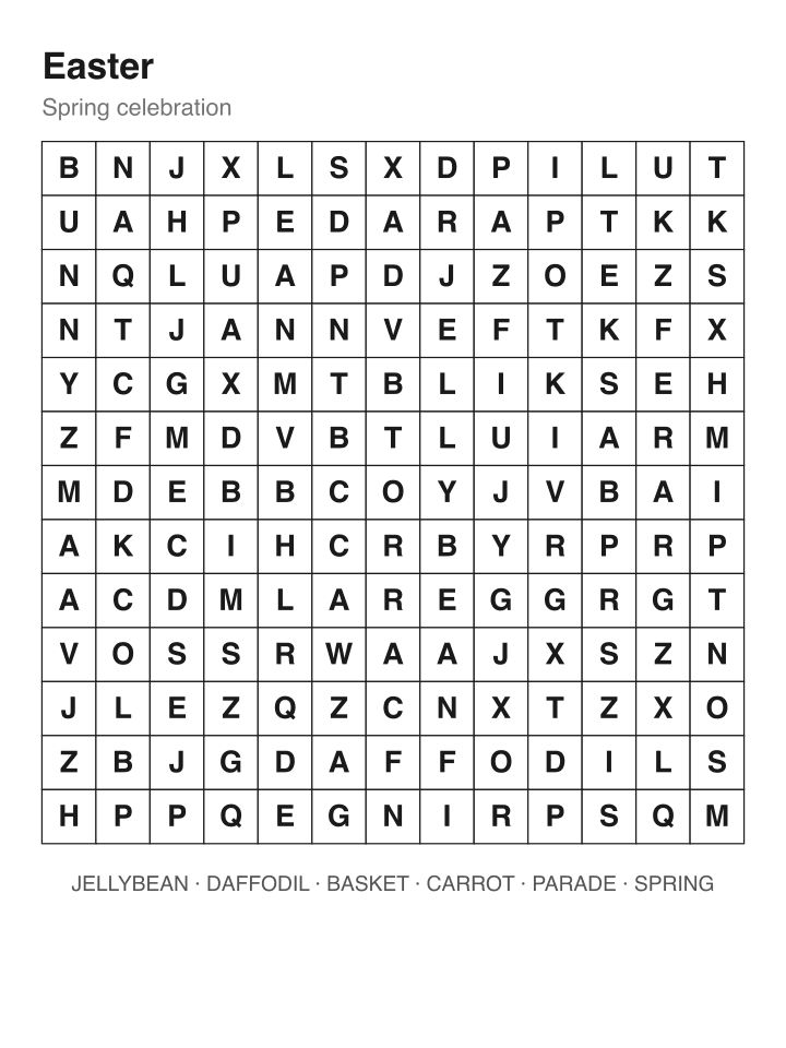 Easter word search puzzle, 13 by 13 grid