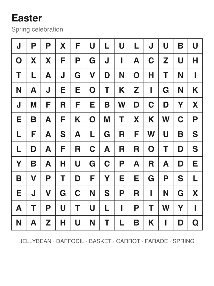 Easter word search puzzle, 13 by 13 grid